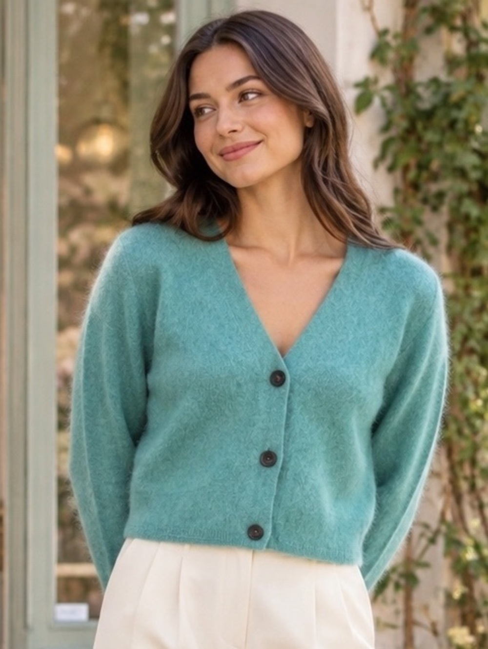 Banana Republic 100% Cashmere Aqua V Neck Cropped Cardigan Small